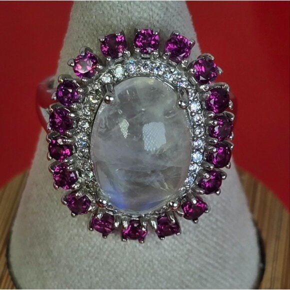 925 Sterling Silver Ring with Natural Moonstone & Rhodolite Garnet Gems - Picture 5 of 12